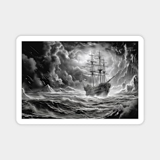 Pirate Ship Sailing Wild Fantasy Ink Sketch Style Magnet