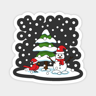 Snow Falling on Cardinal, Snowman and Pine Tree Magnet