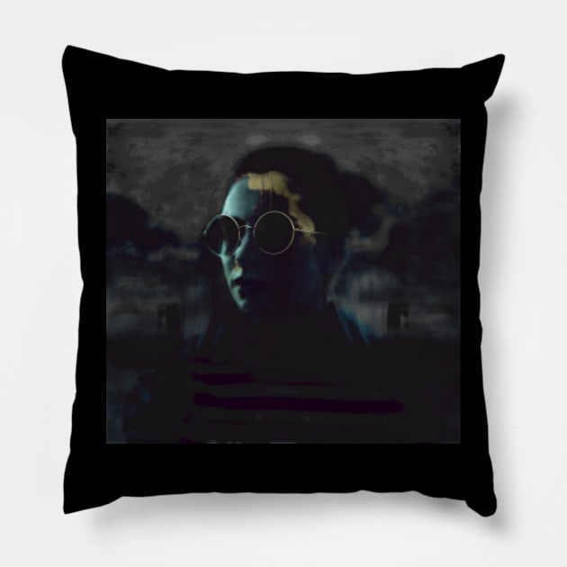 Beautiful girl with round glasses. Dark, like in night dream. Light aqua and gray. Pillow by 234TeeUser234