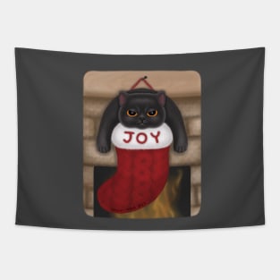 Grumpy Black Cat in Joy Christmas Stocking Tapestry