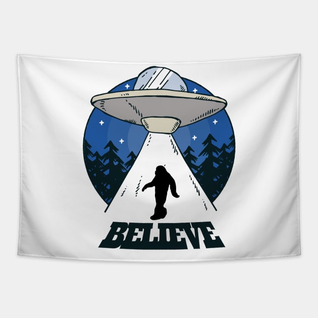 Believe Bigfoot Sasquatch UFO Abduction Design Tapestry by UNDERGROUNDROOTS