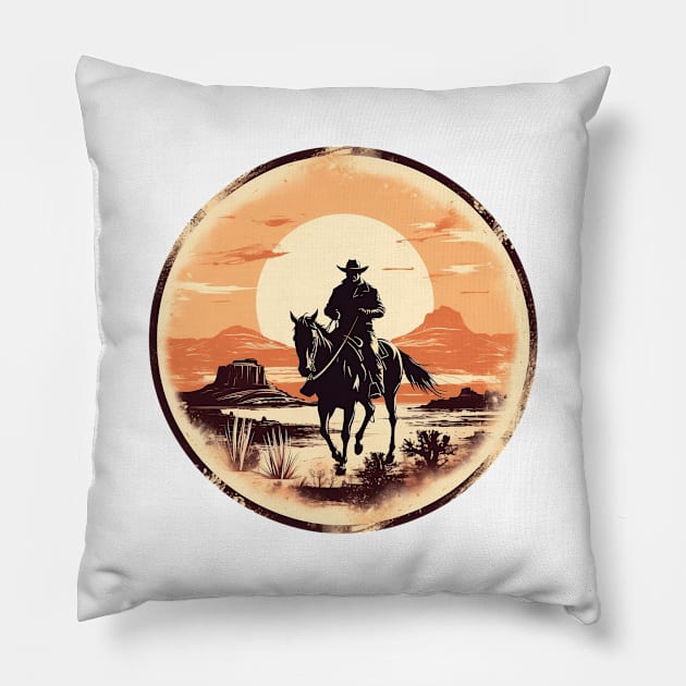 Desert Trails & Vintage Tales: Retro Cowboy Silhouette in the Wild West Pillow by Iron Creek