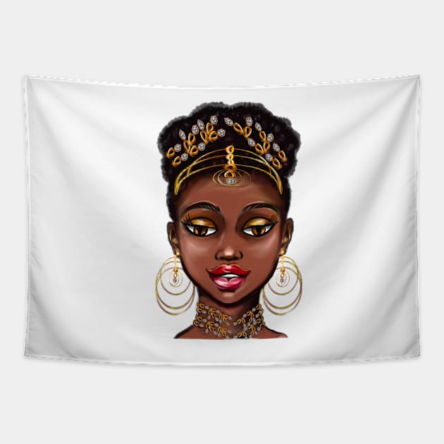 Queen Black is beautiful vi anime manga black woman with gold tiara earrings and necklace Tapestry by Artonmytee