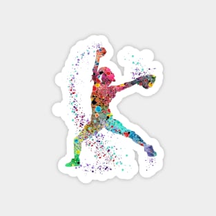 Girl Baseball Softball Pitcher Watercolor Painting Art Print Magnet