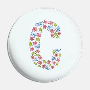 Floral Monogram Letter C - pink and blue Pin