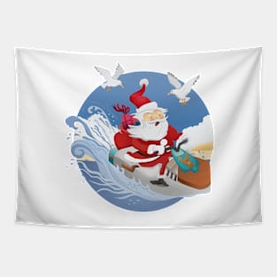 Santa Claus riding on jet sky in tropical weather Tapestry