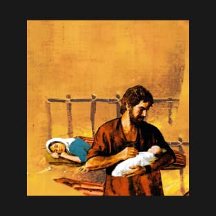 St. Joseph holds baby Jesus while Our Lady sleeps T-Shirt