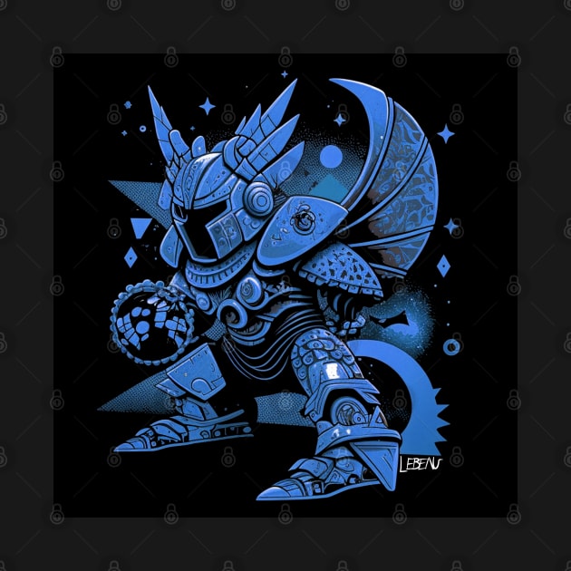 evil armored knight in blue art ecopop cartoon by jorge_lebeau