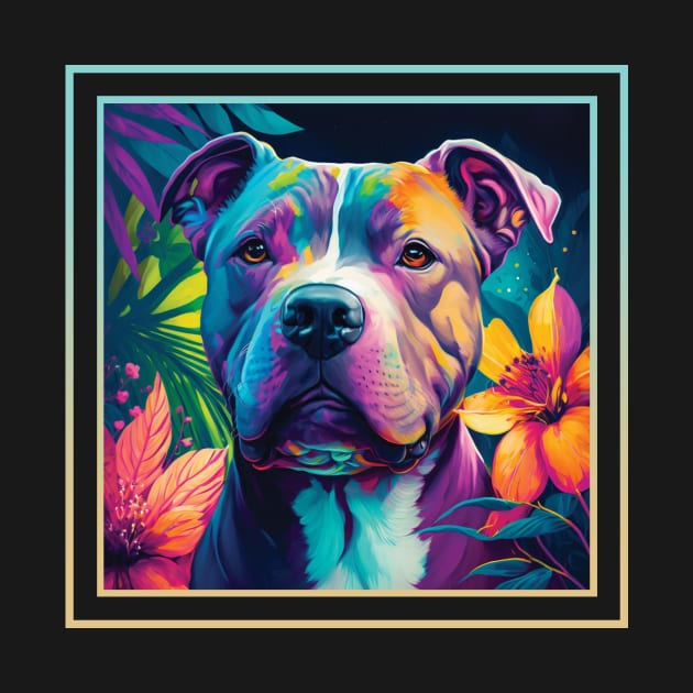 Happy American Staffordshire Pit Bull Dog Vibrant Tropical Flower Digital Oil Painting Portrait by ArtHouseFlunky