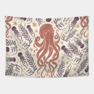 Red Octopus and Jellyfish Tapestry