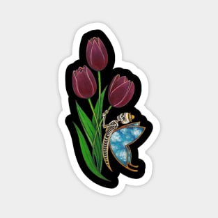 Surrealist skull and tulip flowers. Magnet