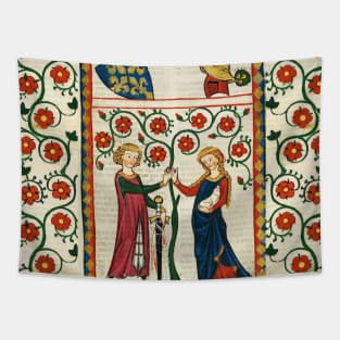 GERMAN POET WITH HIS BELOVED LADY ,MEDIEVAL MINIATURE WITH WILD ROSES Tapestry