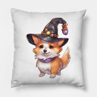 Watercolor Pembroke Welsh Corgi Dog in Witch Hat Pillow