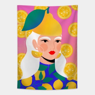 Lemon girl with lemon hat and lemon slices Tapestry