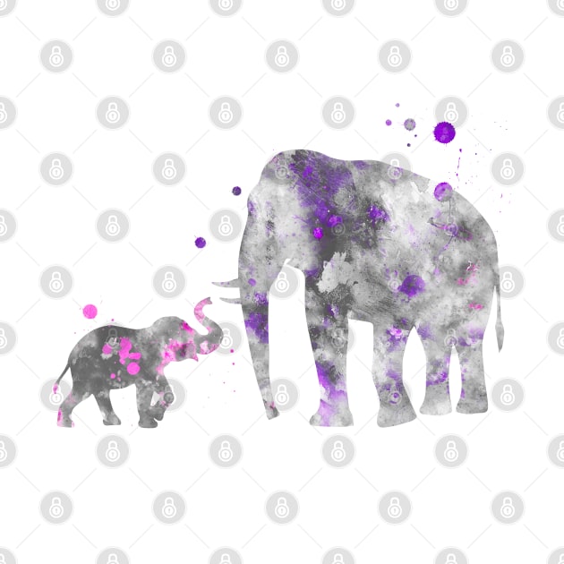 Mom and Baby Elephant Watercolor Painting Lilac Pink by Miao Miao Design