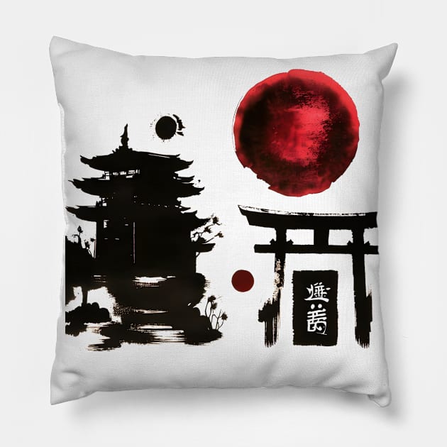 Shinto shrines with Japanese ink Pillow by Deartexclusive