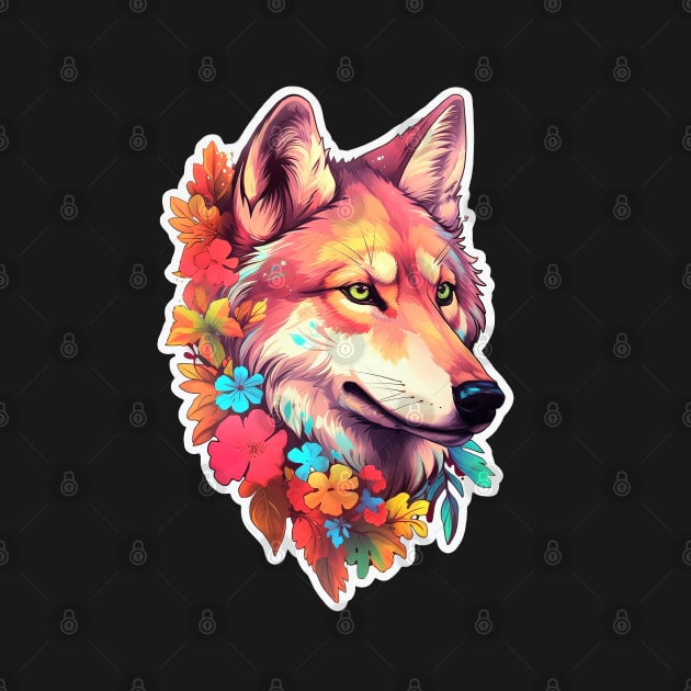 Colorful Wolf with Flowers by 777Design-NW