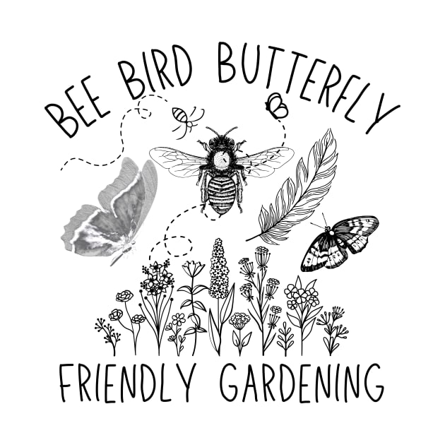 Bee Bird Butterfly Friendly Gardening Line Drawing Design by Earthwearableart