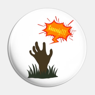 Zombie hand out of the ground asking for candy for Halloween Pin
