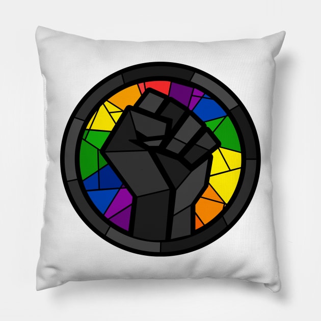 BLM Stained Glass Fist (Gay) Pillow by OctopodArts