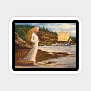 Vikding princess girl woman standing on seashore watching warriors go out to sea Magnet