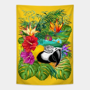 Blue Macaw Parrot Floral Portrait coming out of Exotic Jungle Tapestry