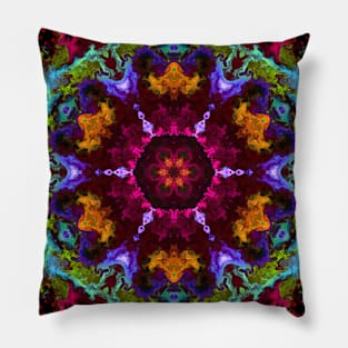 Psychedelic Kaleidoscope Flower Green Purple and Orange Pillow