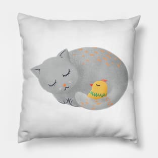 Cat sleeping with small bird - kids illustration Pillow