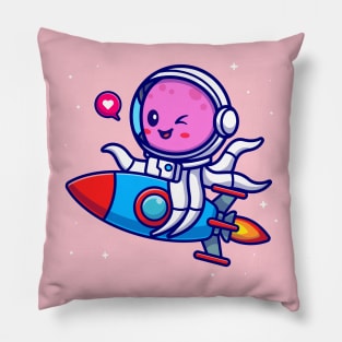 Cute Octopus Astronaut Riding Rocket Cartoon Pillow