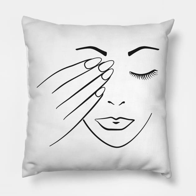 Womans Face With Hand Over Her Eye Pillow by THP Creative