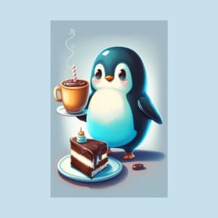 A baby penguin with a cup and a cake T-Shirt