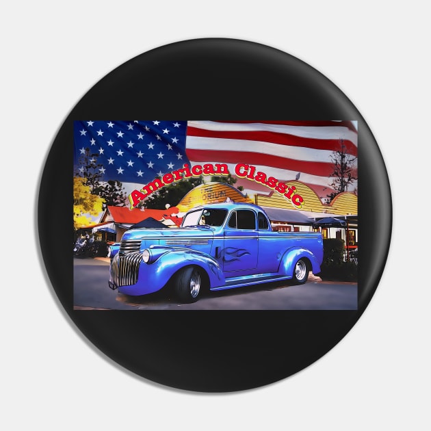 Classic Old American Truck in Blue with American Flag Pin by Custom Autos