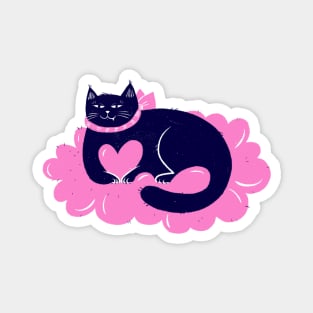 Arrogant blue cat sitting on pink cloud of hearts Magnet