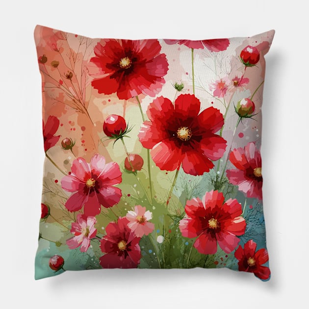 Red Cosmos Flower Pillow by Jenni Arts