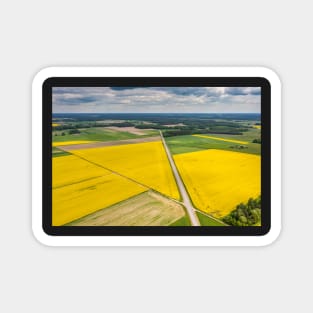 Agricultural landscape, fields of yellow colza and green grain under moody cloudy Magnet