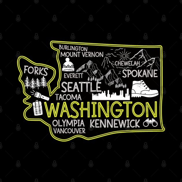 Washington cute map Tacoma Seattle Kennewick Spokane by BoogieCreates