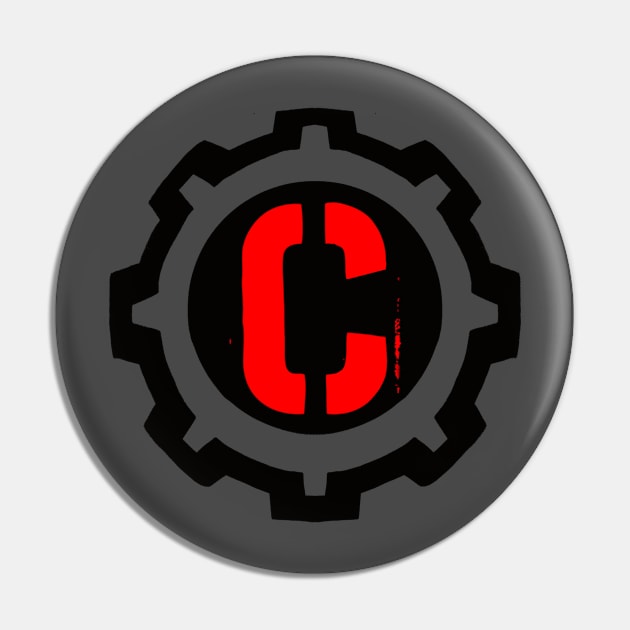 The Red Letter C in a Black Industrial Cog Pin by MistarCo