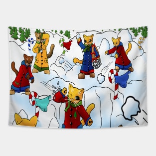 Cute Christmas Snowball Fight Cats Tapestry