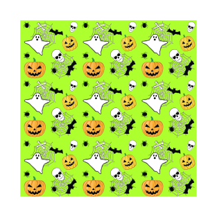 Spooky Halloween Pattern on Bright Green Background T-Shirt