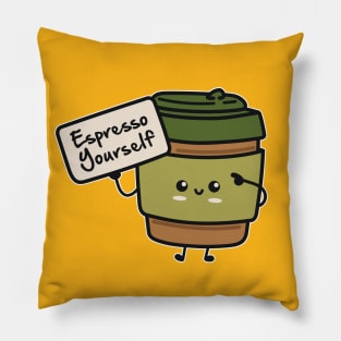 Cute Kawaii Coffee Cup - Espresso Yourself - Funny Coffee Pun Pillow