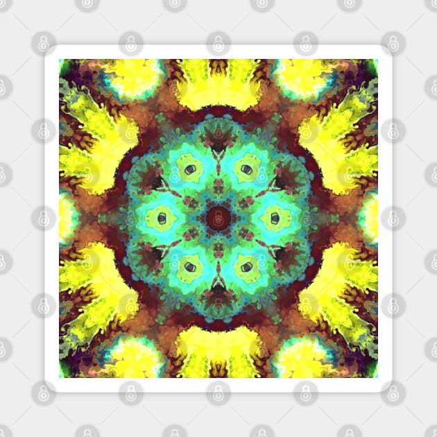 Psychedelic Hippie Flower Green and Yellow Magnet by WormholeOrbital