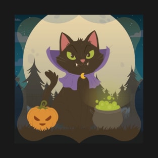 Cat Catoween Dracula Halloween and Pumpkins With Cauldron T-Shirt