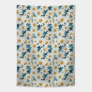 Illustrated Daisy - White and Blue Floral Pattern Tapestry