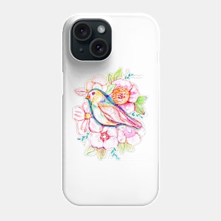 floral bird illustration with rainbow colors, peonies, pink flowers, pink bird, cute illustration Phone Case