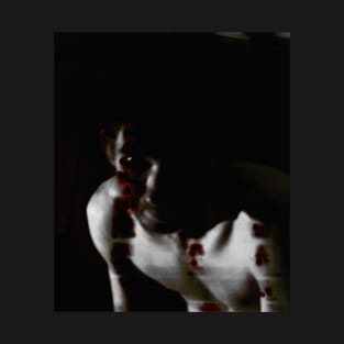 Portrait, digital collage, special processing. Dark, scary, shirtless man looking. Darker, more contrast, brown. T-Shirt