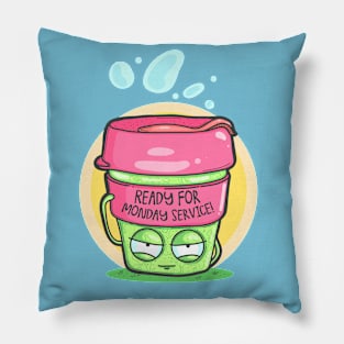 Ready For Monday Service! Funny Cartoon Coffee Cup Pillow