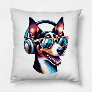 Smiling Rat Terrier DJ in Bold Japanese Art Pillow