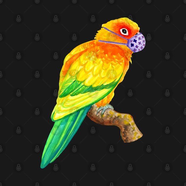 Sun Conure Parrot Wearing Face Mask Watercolor by IvyLilyArt