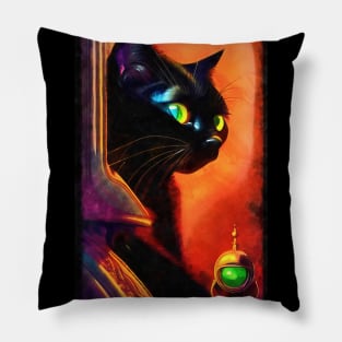 Curious black cat with big yellow eyes Pillow