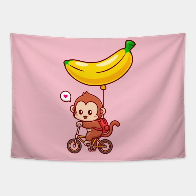 Cute Monkey Riding Bicycle With Banana Balloon Cartoon Tapestry by Catalyst Labs